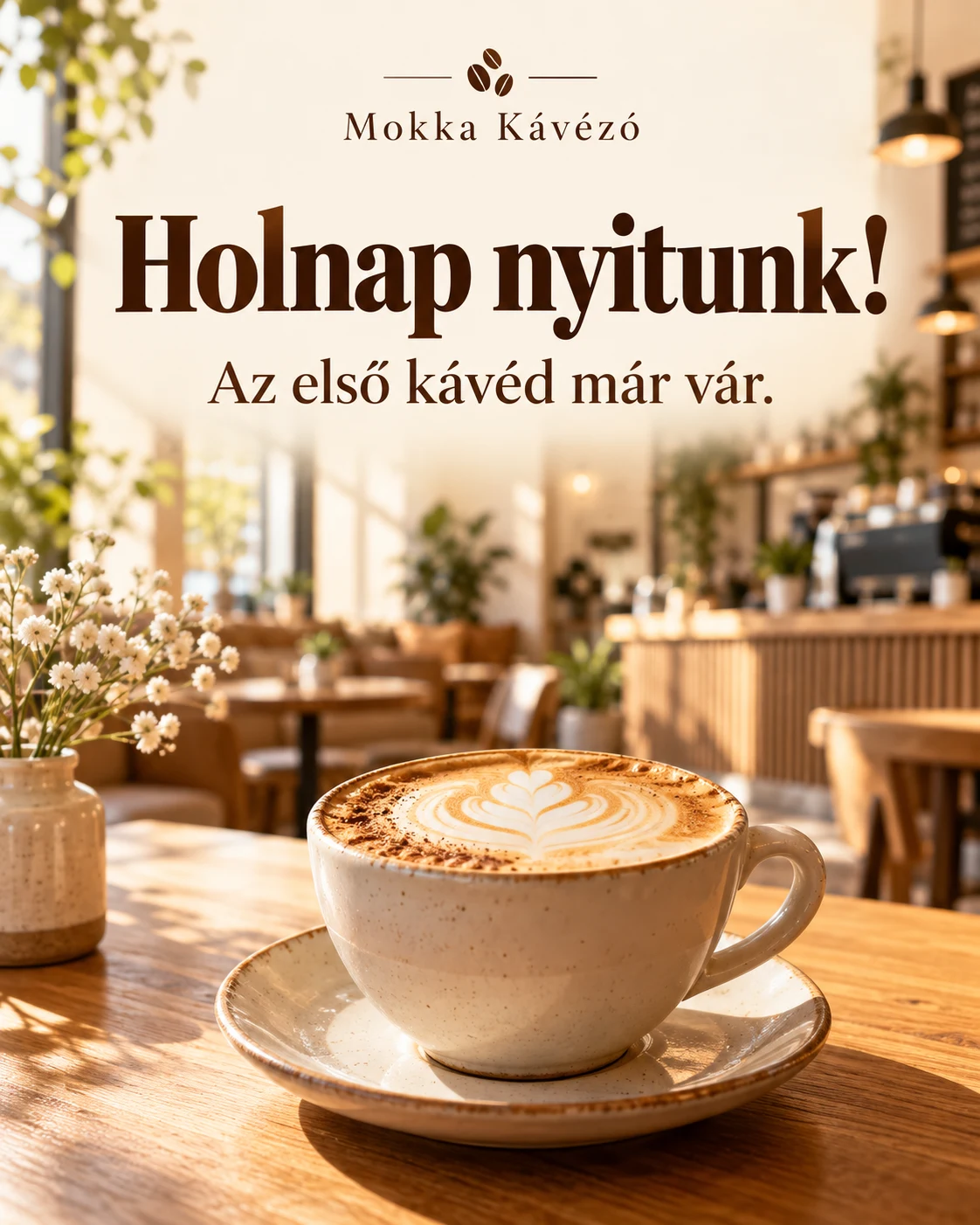 Mokka Kávézó reklámképe: cappuccino napfényes kávézóban, Holnap nyitunk! felirattal